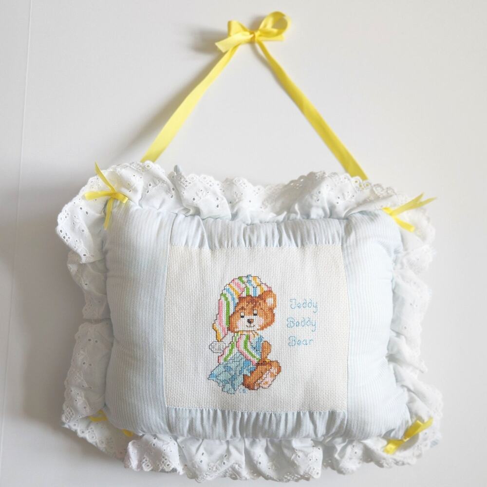 Vintage 80s Teddy Beddy Bear Cross Stitch Baby Pillow – Retro Nursery Décor